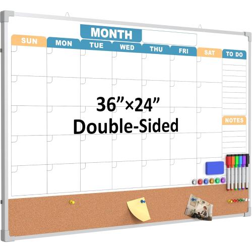 Monthly Calendar Dry Erase Board 36x24 Inch, Double-Sided Whiteboard and Corkboard Combo with Silver Aluminum Frame (Color Calendar), Wall Mounted Planer with Marker, Magnet, Push Pin, Eraser