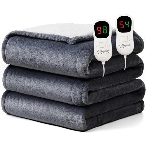 Homemate Electric Heated Blanket King Size - 100x90 Heating Blanket King Size Dual Control 1/2/4/6/8 Hours Auto-Off 10 Heat Level Over-Heat Protection Flannel Sherpa ETL Certification