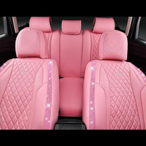 CAR PASS Pink Nappa Leather Car Seat Covers for Full Seats, Bling Diamond Waterproof Seat Protectior Universal Fit Auto SUV Sedan Truck Glitter Sparkly Shining Rhinestone for Women Girl, Pink Leather