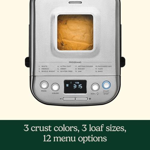 Cuisinart Bread Maker Machine, Stainless Steel Automatic Bread Machine with 12 Menu Options, 3 Loaf Sizes up to 2 Lb., 3 Crust Colors, Removable Nonstick Baking Pan & Kneading Paddle, CBK-110NAS | 12 Programs, 1/1.5/2-Lb Loaves, 3 Crust Colors, 13-Hr Delay, Removable Nonstick Pan and Paddle, Viewing WindowCuisinart Brushed Nickel Silver Stainless Steel 2 lbs. ‼️Light dirt‼️