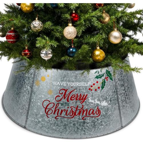 Putuo Decor Galvanized Christmas Tree Collar for 6-7.5 Ft Trees Metal Adjustable Stand Cover with Printed Merry Christmas Farmhouse Decor for Artificial Trees, 27 in Silver