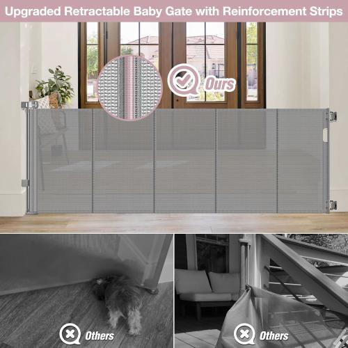 Reinforced 72 Wide Retractable Dog Gate with Support Rods - Prevent Crawling Under Extra Wide Baby Gate Retractable Gate Outdoor, Retractable Pet Gate Long Dog Gate, Mesh Gates for Kids or Pets, Gray