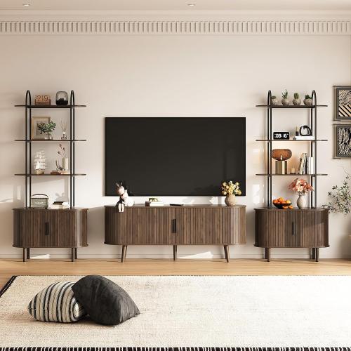 Espelism 71 Tall Mid-Century Display Shelf Bookshelf with Sliding Tambour Doors, 4-Tier Freestanding Vinyl Record Player Stand Fluted Storage Cabinet for Living Room, Bedroom, Home Office