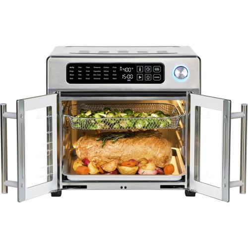 Silver Emeril Lagasse Extra Large French Door Air Fryer Toaster Oven Combo, 24 Cooking Functions and Digital Controls, 7 Accessories Included, Stainless Steel Finish, 26QT Capacity