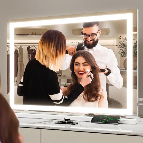 ROLOVE Vanity Mirror with Lights, 32 x 22 Large Lighted Vanity Mirror with Dimmable 3 Modes, LED Makeup Mirror, USB Charging Port, Tabletop or Wall-Mounted Square White