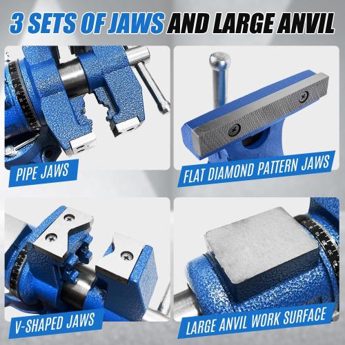 Heavy Duty Bench Vise, 4 Inch Jaw Width and Opening, 360° Swivel Base with Anvil, Multipurpose Clamp & Combination Pipe Vise for Woodworking, Metalworking, Conduit Work