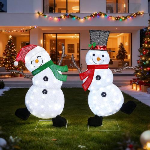 Lulu Home 2-Pack Lighted Christmas Snowman Decorations, 3.1 2.5FT Outdoor Snowmen with 70 LEDs White Lights, 2D Plug-in Snowman Holiday Yard Decor with Scarves for Lawn Garden Party