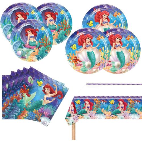 Ariel Birthday Party Supplies, 20 Plates, 20 Napkins and 1 Tablecover for Girls Little Mermaid Party Decorations