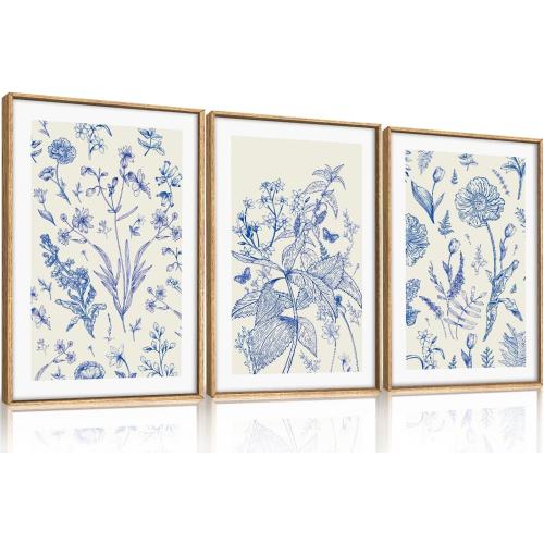 KAIRNE Navy Blue and White Floral Framed Canvas Wall Art Set,Chinoiserie Flower Wall Decor,Watercolor Botanical Art Prints,Modern Wildflower Artwork for Living Room,Bedroom,Farmhouse,Office-16 x24 x3