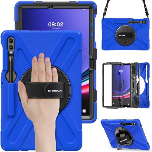 BRAECN for Galaxy Tab S10 Plus/ S9 /S9 FE /S8 12.4 Inch Case,Heavy Duty Tablet Case with 360 Rotating Stand &Hand Strap, Built-in S Pen Holder, Shoulder Strap for Samsung Galaxy Tab S9 Plus -Blue
