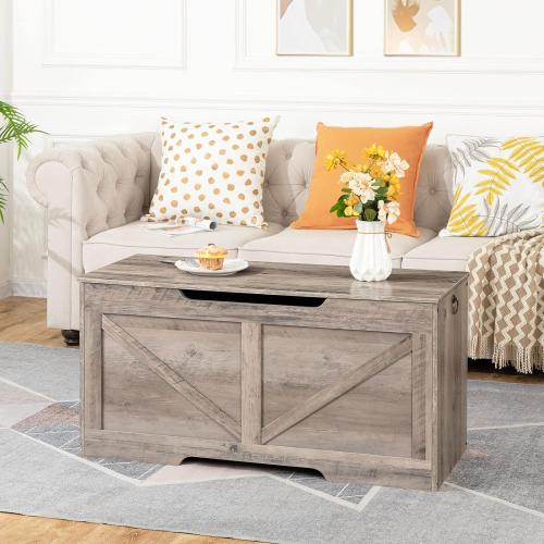 HOOBRO Storage Bench, 39.4” Retro Wooden Storage Chest with U-Shaped Cut-Out Pull, Safety Hinge, Supports 220 lb and Easy Assembly for Toy Box Organizer (Greige) BG771CW01