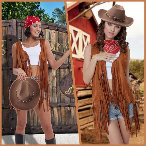 Size S/M....PARTTELY Western Outfits for Women Cowgirl Tassel Sleeveless Vest Cowboy Hat and Paisley Bandana