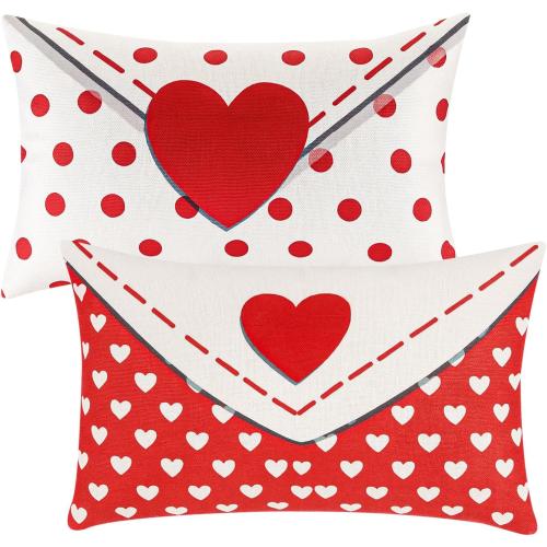 2 Pcs Valentines Day Pillow Cover 12 x 20 Inch Envelope Throw Pillow Cover Red Heart Polka Dots Farmhouse Cushion Case Anniversary Wedding Cushion Case Decoration Gifts for Sofa Couch Bed