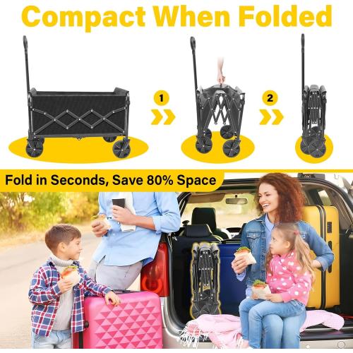 Wagons Carts Foldable, Collapsible Wagon with Wheels — Foldable Wagon for Groceries,Picnic,Beach,Camping, Small Hauls, Apartment Moving Storage, Portable Utility Folding Wagon Cart, 360lbs, Black