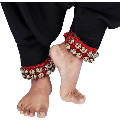 Dancing Bells Ghungroo Pair Indian Classical Dance Accessories with Colored Cushion Pad Best Dance Metal Brass Anklets Bells Ghunghroo Pad (Red, Double Line)