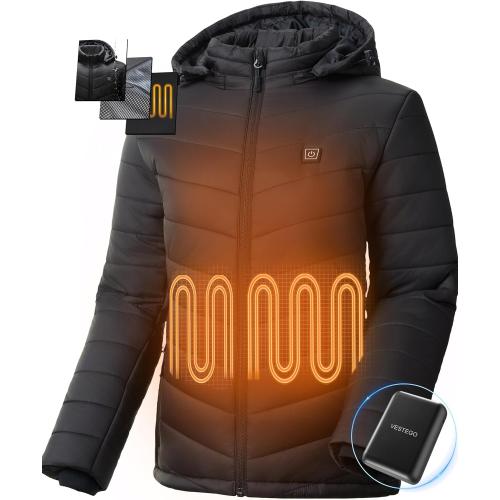 Vestego Heated Jackets for Women, Heated Jacket with 12V 20000mAh Battery Pack, 6 Heating Zones, Black Xl