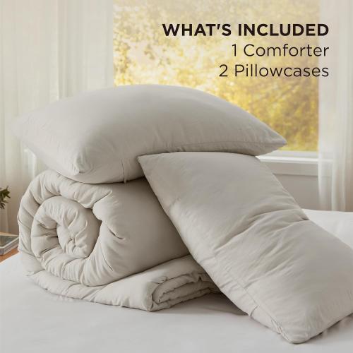 Bedsure Queen Size Comforter Set, Beige Soft Prewashed Bedding for All Seasons, 3 Pieces GentleSoft™ Warm Down Alternative Bed Set, 1 Lightweight Comforter (90x90) and 2 Pillowcases (20x26)