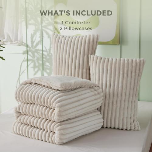 Bedsure Queen Comforter Set - GentleSoft™ 3 Pieces Fluffy Double-Side Fleece Comforter Set, Cozy Striped Room Decor Aesthetic, Luxury Linen Bedding Queen Size with 2 Pillowcases, 90x90 Inches