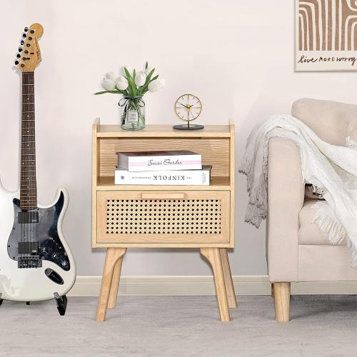 Lerliuo Rattan Nightstand, Boho Side Table with Drawer Open Shelf, Cane Accent Bedside End Table with Solid Wood Legs for Bedroom, Dorm and Small Spaces (Natural)