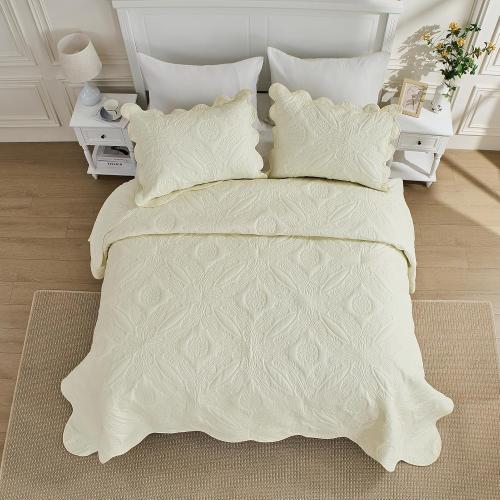 Kingnex Oversized King Bedspreads 128x120 for Extra Wide Tall King or Cal King Bed Ultrasonic Quilted Coverlet Set 3 Piece Include 1 Quilt 2 Pillowcases Cream