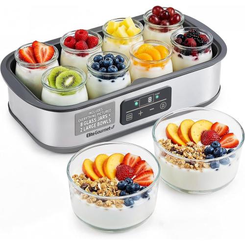 Elite Gourmet ProBioticPRO™ Digital Yogurt Maker, Programmable Temp & Time Control (68–127°F), Includes 8 Glass Jars (6 oz)   2 Large 1-Qt Bowls, Stainless Steel, Auto Shut-Off