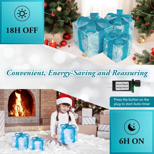 Set of 3 Christmas Lighted Gift Boxes, Indoor Christmas Decor with 60 LED Cool White Mini String Lights, Present Boxes with Bows and Snowflake Design for Xmas Tree Holiday Home Mantel Decor
