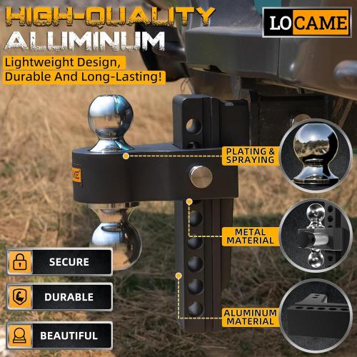 LOCAME Adjustable Trailer Hitch, Fits 2.5-Inch Receiver Only, 8-Inch Drop Aluminum Drop Hitch,18,500 LBS GTW-Tow Hitch for Heavy Duty Truck with Double Stainless Steel Locks, Black, LC0019
