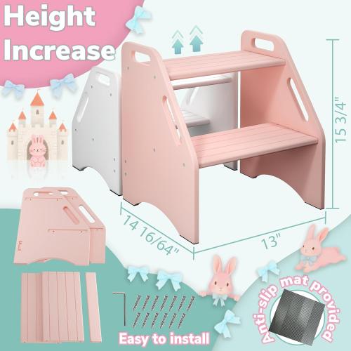 AMBIRD Wooden Kids Step Stool, 15.75'' H Potty Training Toddler 300 lbs Capacity with Safety Non-Slip Pads and Handles, Kitchen Step Stools for Kids, Bamboo Step Stool for Bathroom, High Beds (Pink)