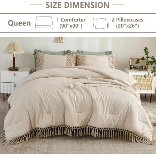 Comforter Queen Size Set Beige, 3 Pieces Tassel Boho Lightweight Winter Bedding Comforters & Sets, All Season Bed Set (90x90In Comforter & 2 Pillowcases)