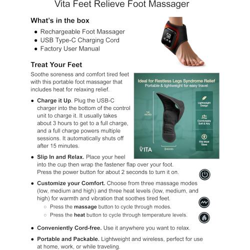 Vita Feet Relief Ankle Heating Pad with Vibration – Foot & Leg Relaxation Support – Cordless Portable Calf Wrap for Comfort & Recovery (One Unit)