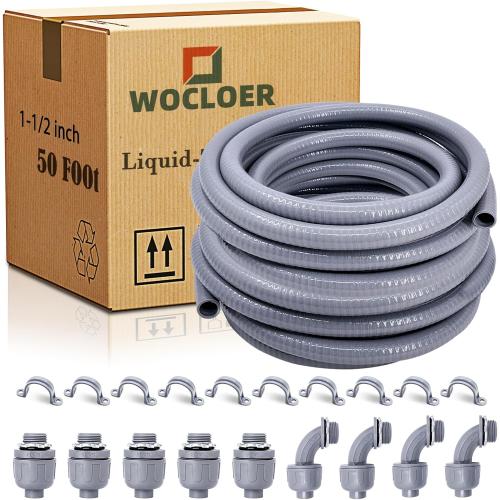 1-1/2 inch 50 Foot Liquid-Tight Conduit Kit, Flexible Non Metallic Electrical Conduit and Connector Kit, With 5 Straight and 4 Angle Fittings and Pipe Strap.