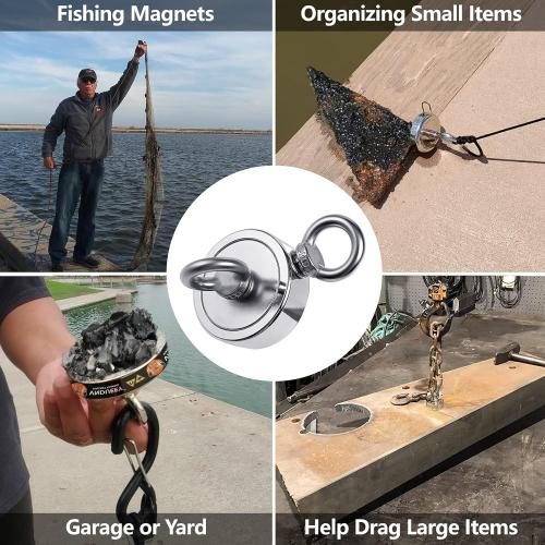 VNDUEEY 760 LBS Magnet Fishing Kit, Fishing Magnets Kit Includes Grappling Hook, Heavy Duty 65FT Rope, Gloves & Locking Carabiner - 2.36inch Diameter