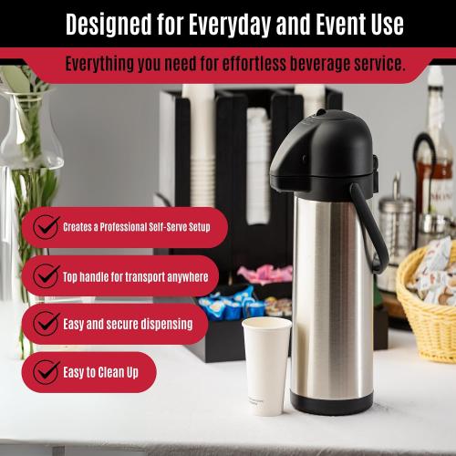 Stainless Steel Airpot with Swivel Base, 3 L (100 oz), Matte Silver Finish, Vacuum Insulated, Lockable Hot and Cold Airpot with Handle, Push-Button Dispenser