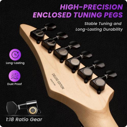 39 Solid Body Electric Guitar: Electric Guitar Kit with Bone Nut, Full Size 6 String Guitars with 24 Frets 10 Pack Guitar Picks (Purple)
