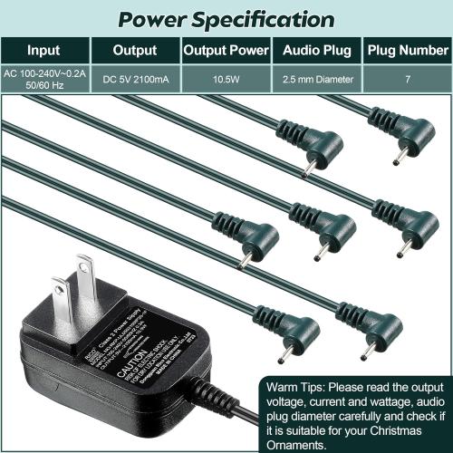 Dreyoo Christmas Ornaments Power Cord with 7 Plug, Compatible with Christmas Ornaments Interactive Ornaments, 5V 10.5W Power Cord Adapter Suitable for 2.5 mm Diameter Power Interface