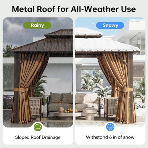 10x12FT Hardtop Gazebo Brown | Permanent Outdoor Pergola with Double Galvanized Steel Roof and Curtains and Netting for Backyard, Patio, Lawn and Garden