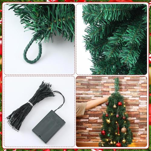 Poen 35 Inches Wall Mounted Christmas Tree - Artificial Xmas Tree with 50 LED Lights and Battery Case - Lighted Wall Decor for Home, Office, Apartment, Party Decorations