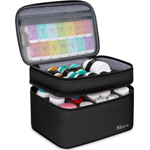 Mancro Dual Layers Medicine Organizer Bag, Pill Bottle Organizer Storage with Lockable Zipper, Medication Travel Bag for Pills, Vitamins, Medical Supplies for Home Storage, Black