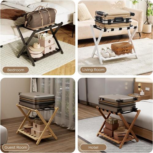 2 Pack Fully Assembled Black Luggage Racks, Bamboo 26.77 Folding Suitcase Stand for Guest Room with 5 Nylon Straps, Heavy Duty, Upgraded Luggage Rack Holder with Shelf for Bedroom Hotel