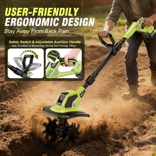 21V Cordlees Tiller Cultivator for Gardening, 400RPM Electric Garden Tiller, Brushless Rototiller with 2 * 3.0Ah Battery, 9.5 Width 7 Depth, for Yard、Lawn、Soil Tiller (Green)