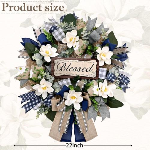 Waipfaru 22 Inch Spring Summer Wreath, Magnolia Wreaths for Front Door with Eucalyptus & Blue Grey Burlap Bow, Year Round Wreaths for Porch Farmhouse Patio Door Decor All Season (1 Pcs)