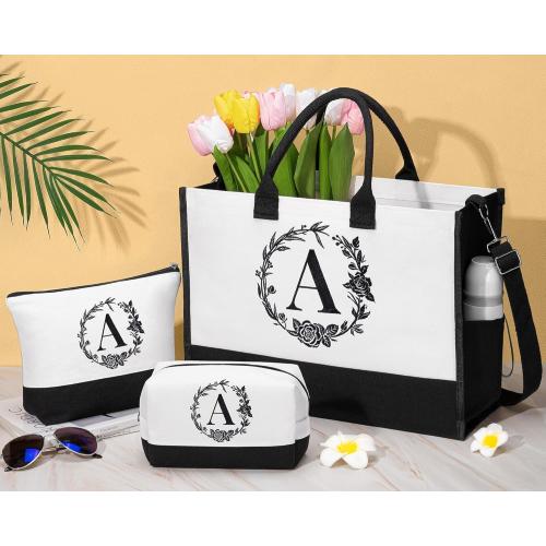 Personalized Christmas Gifts for Women, Initial Canvas Tote Bag & Makeup Bag Monogrammed Beach Tote Bags for Women w/Zipper, Birthday Gifts for Mom Her Sister Friend Girlfriend Wife Daughter Teacher