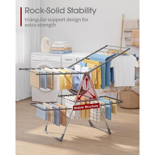 Sakugi Clothes Drying Rack, Foldable 2-Level Laundry Drying Rack with Height-Adjustable Wings, for Clothing & Bedding, Free-Standing Space-Saving Rack, Indoor & Outdoor, 55.5 L × 22.8 W, Gray