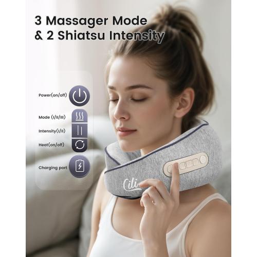 CILI Cordless Neck Massager Pillow with Heat, Shiatsu Neck Massager for Pain Relief Deep Tissue,Heated Massage Pillow for Travel,3 Adjustable Intensity, Gifts for Women Men