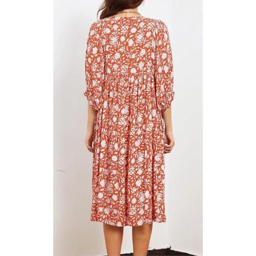 Size medium R.Vivimos Womens Summer Casual Midi Dress Lantern Sleeve Tie V Neck Boho Floral Print Loose Fit Flowy Long Dresses