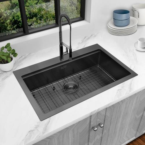 Black Drop In Sink 33x22, Matte Black Stainless Steel Sink Drop In 33x22, 16 Gauge Stainless Steel Black Kitchen Sink with Workatation Ledge and Abundant Accessories