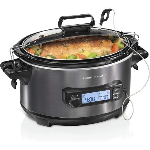 Hamilton Beach Portable 6 Quart Set & Forget Digital Programmable Slow Cooker with Lid Lock, Temperature Probe, Dishwasher Safe Crock & Lid, Black Stainless (33866)