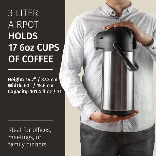 Cresimo Coffee Carafe with Pump - 102oz / 3L Airpot 12 Hours Large Hot Water Carafe, Cocoa Dispenser for Parties - Tea Flask, Insulated Stainless Steel Airpots for Hot Beverage Dispenser -Coffee Pump