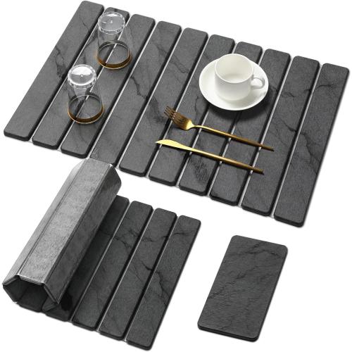 Large Stone Dish Drying Mat for Kitchen Counter, Quick Dry Stone Dishes Mats,Foldable Water Absorbing Diatomaceous Earth Drying Organizer Pad for Plate Rack Bottles Utensils(Dark Gray 24×16 & 8x4)