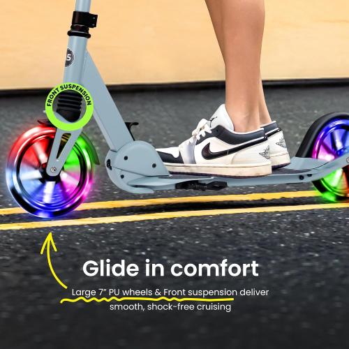 AERO MOBILITY Big Wheel Kick Scooter for Kids 6-12, Teens & Adults | Light Up Wheels | Hand Controlled Brake | Shock Absorption | Rubber Deck Mat | Foldable & Height Adjustable